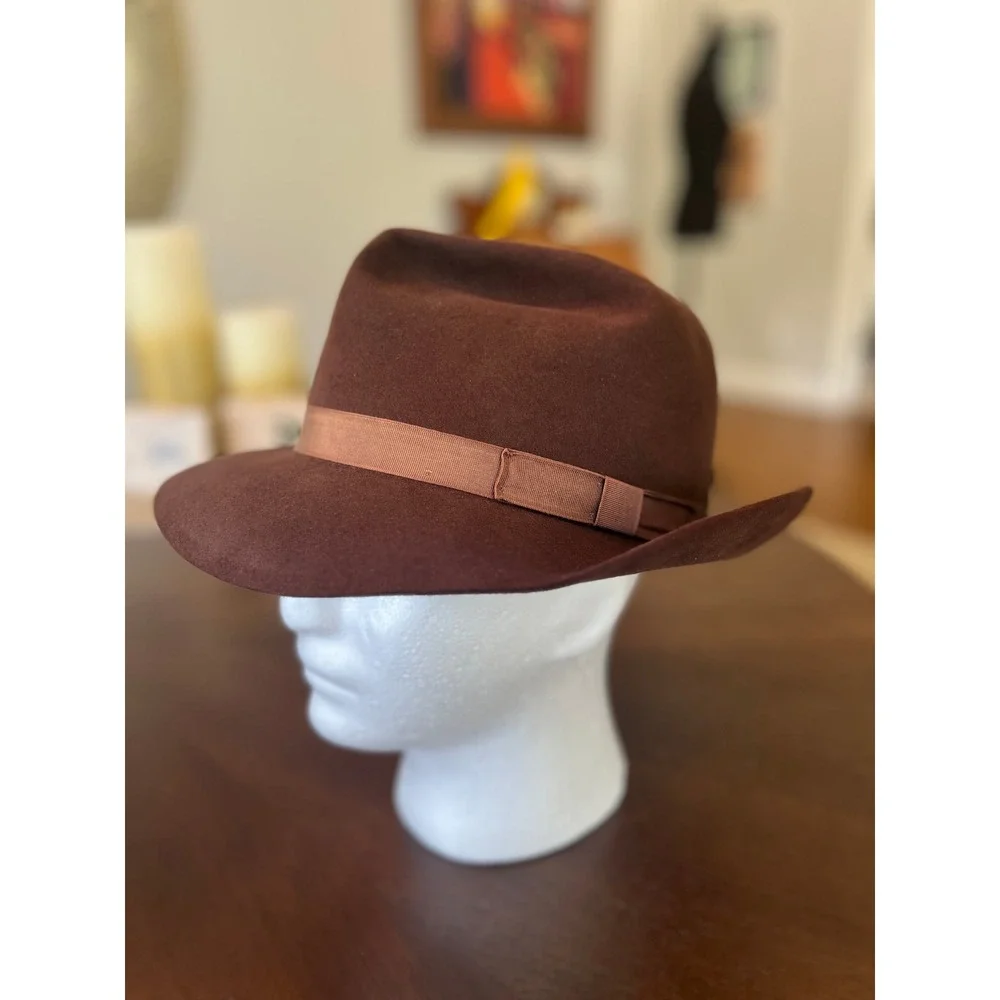 Vintage Chocolate Brown Wool Felt Fedora Hat Mens Lge Wide Brim Ribbon Band Cap